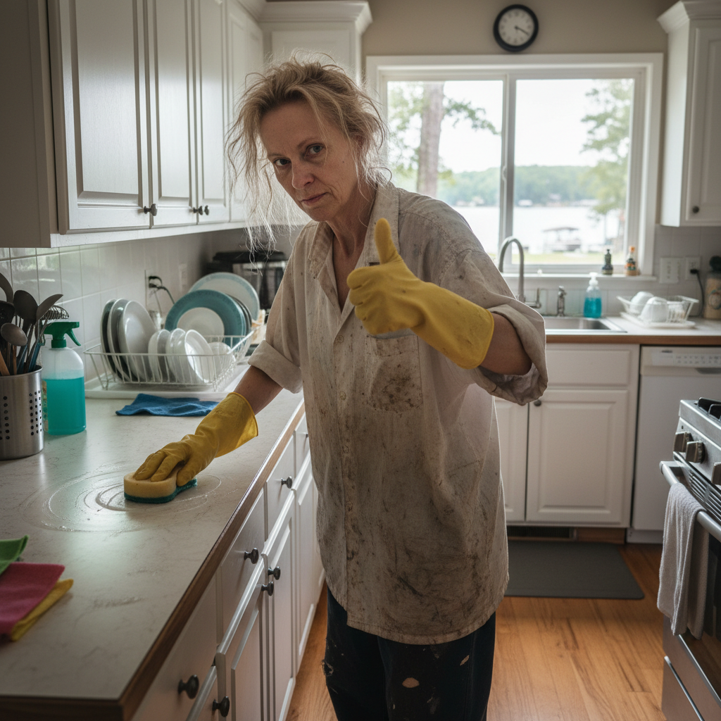 A tweaker from leg Lanier, cleaning a house really hard.But doing a good job thumbs up